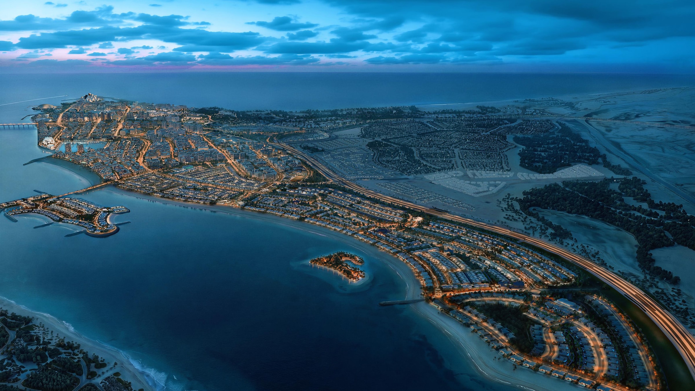 Luftaufnahme des Masterplans Marsa Al Saadiyat in der Dämmerung mit Marina, Stränden und den Quartieren an der Wasserfront
