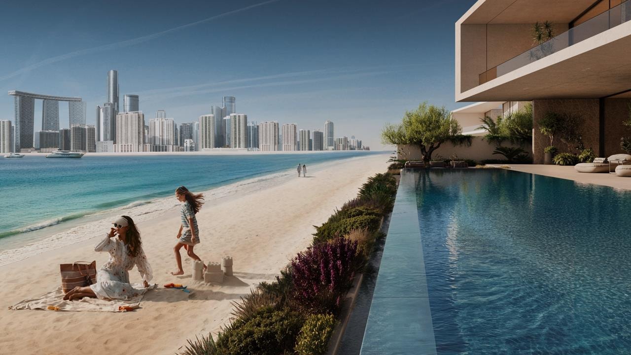Apartmentgebäude an der Wasserfront von Marsa Al Saadiyat mit Pool oberhalb des Strandes
