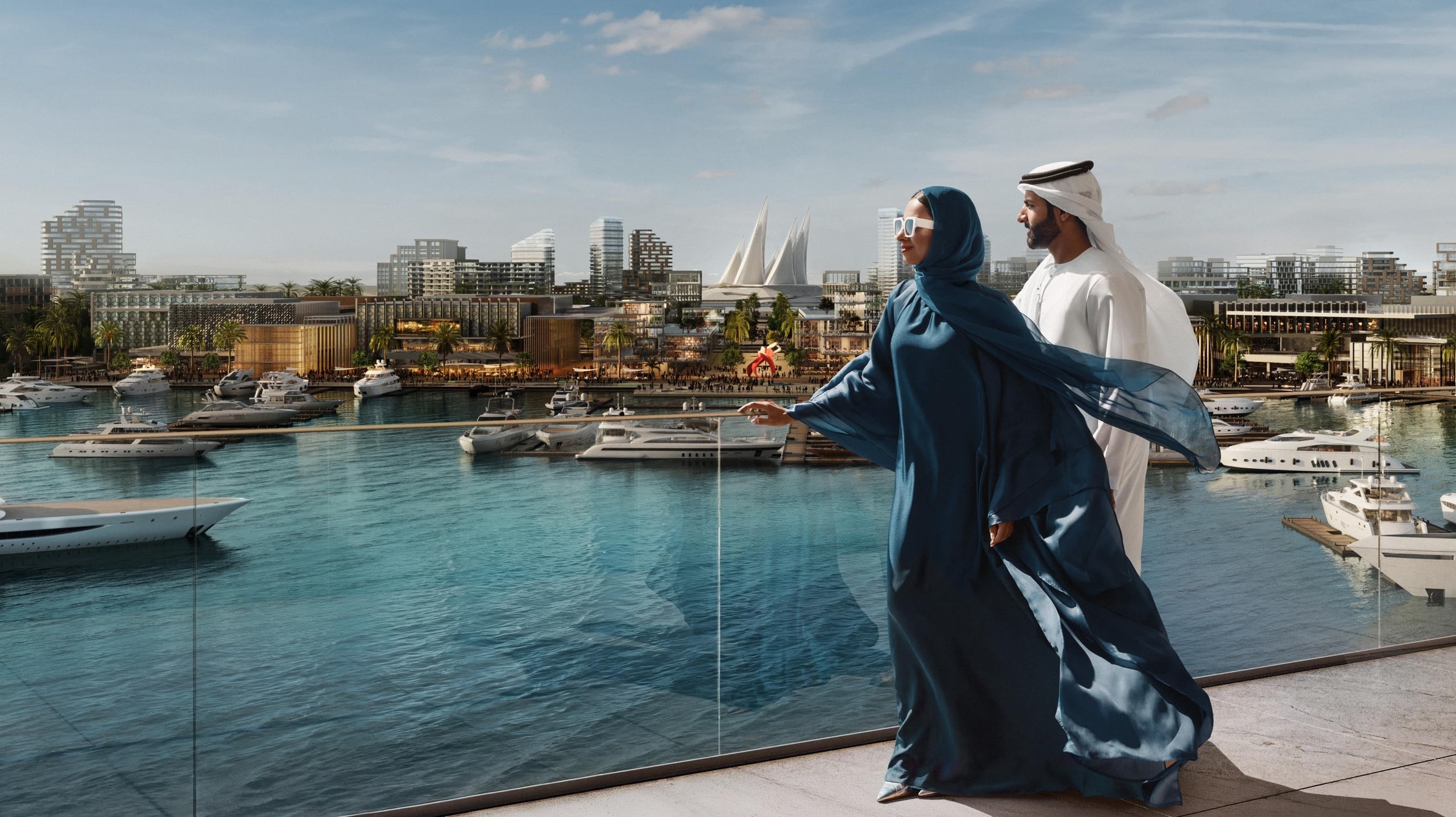 Die Marina von Marsa Al Saadiyat mit Liegeplätzen für Segelboote und Yachten