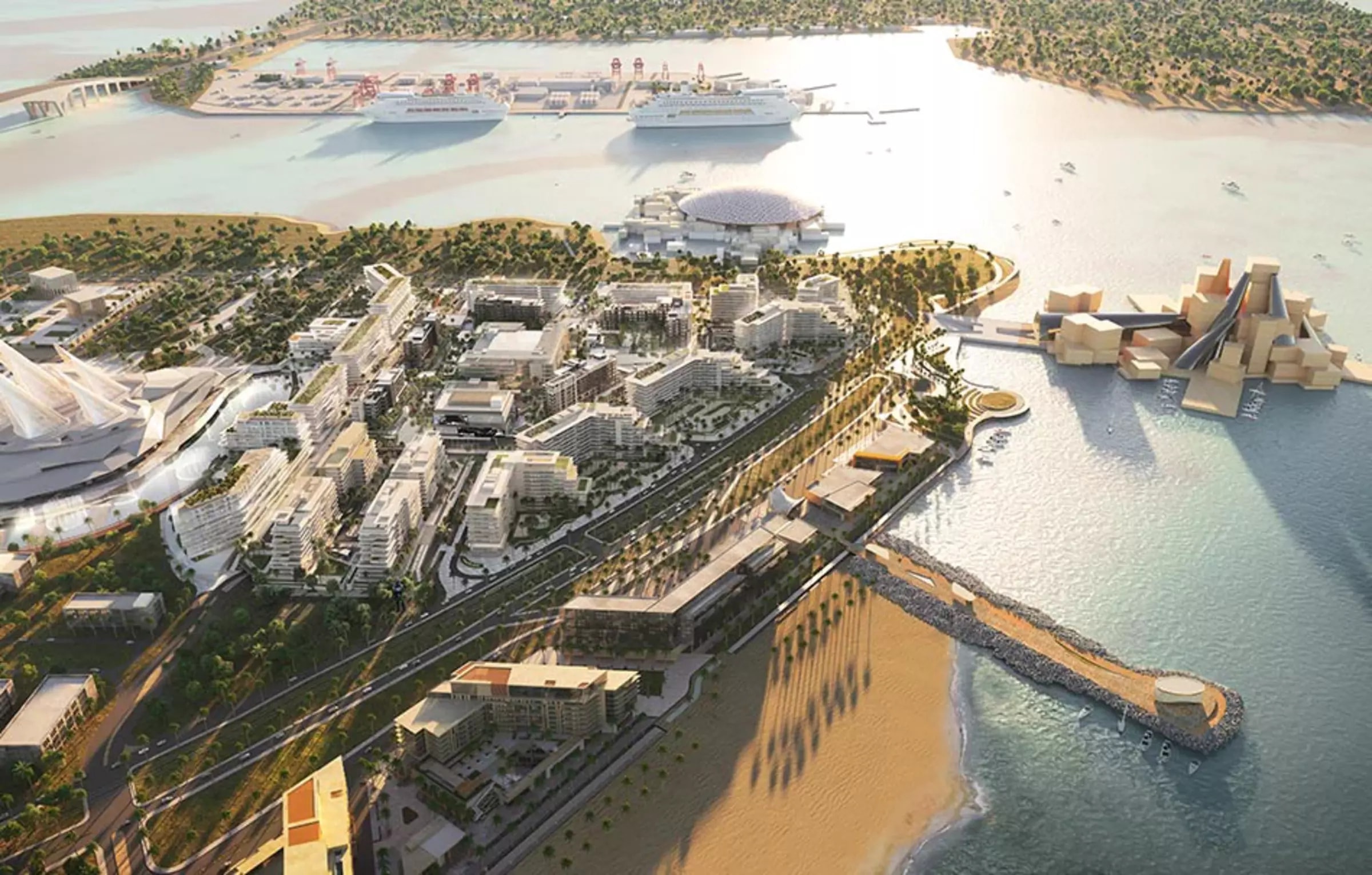 Surroundings: aerial view of Saadiyat Grove and the Cultural District with Louvre Abu Dhabi on the shoreline