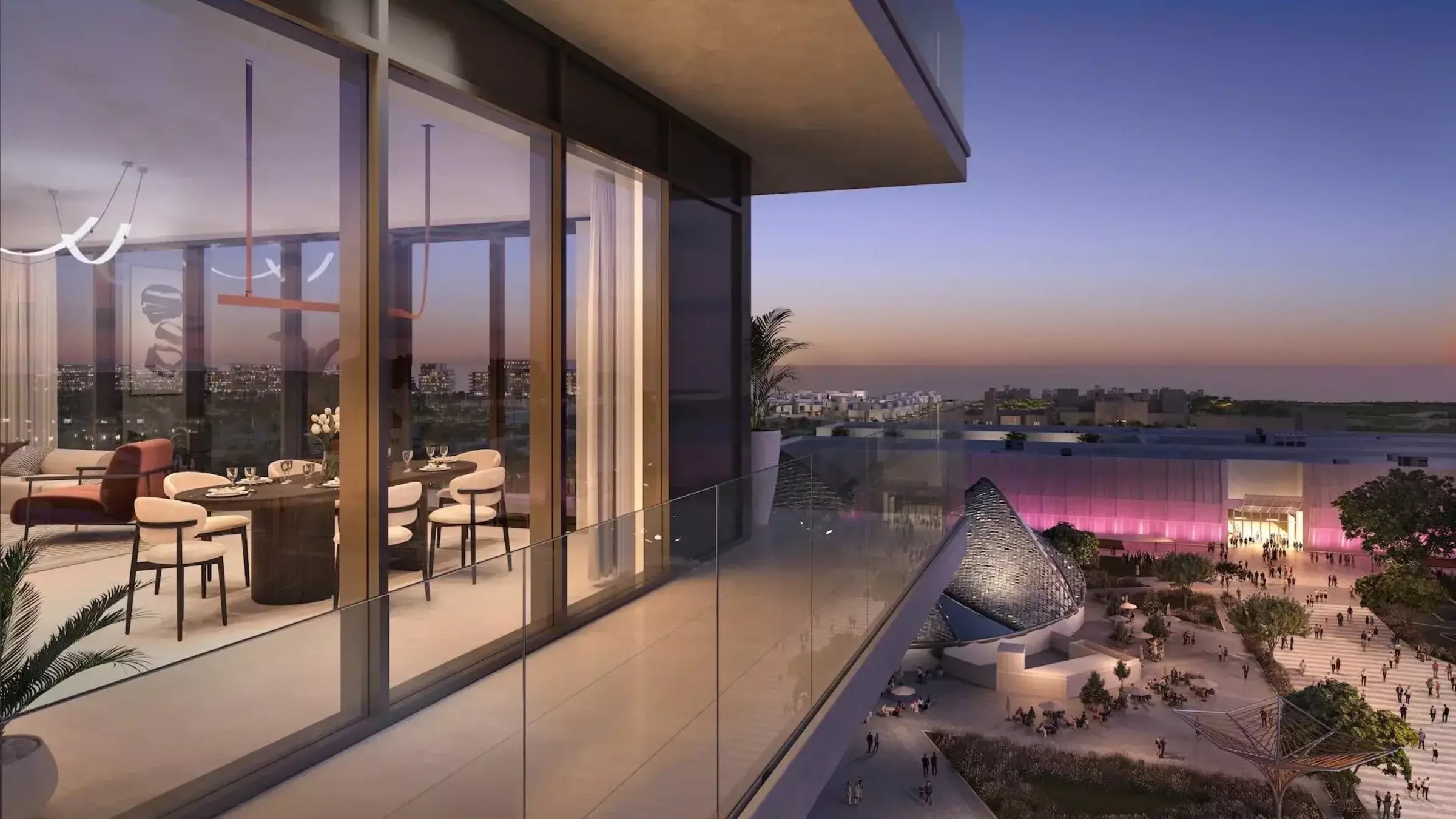 Render of a Manarat Living II balcony at sunset overlooking Louvre Abu Dhabi