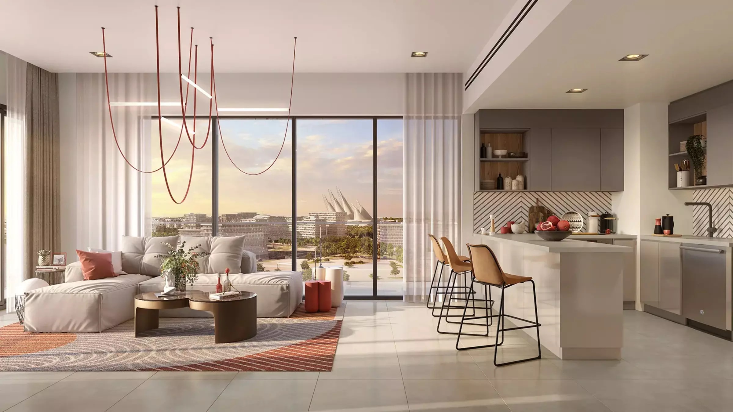 Render of the Manarat Living residential buildings with landscaped forecourts