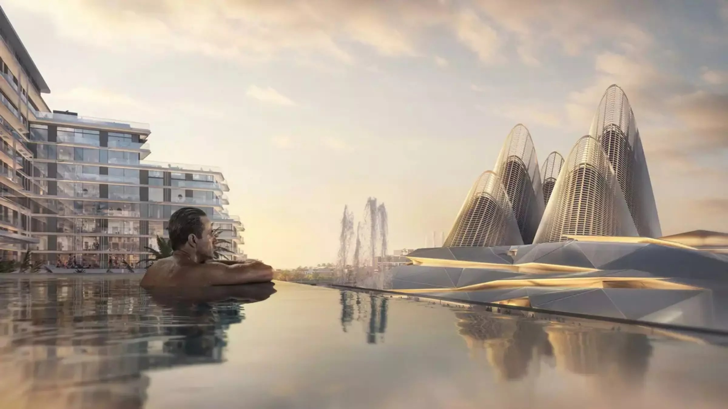 Render of The Source infinity pool looking towards Guggenheim Abu Dhabi