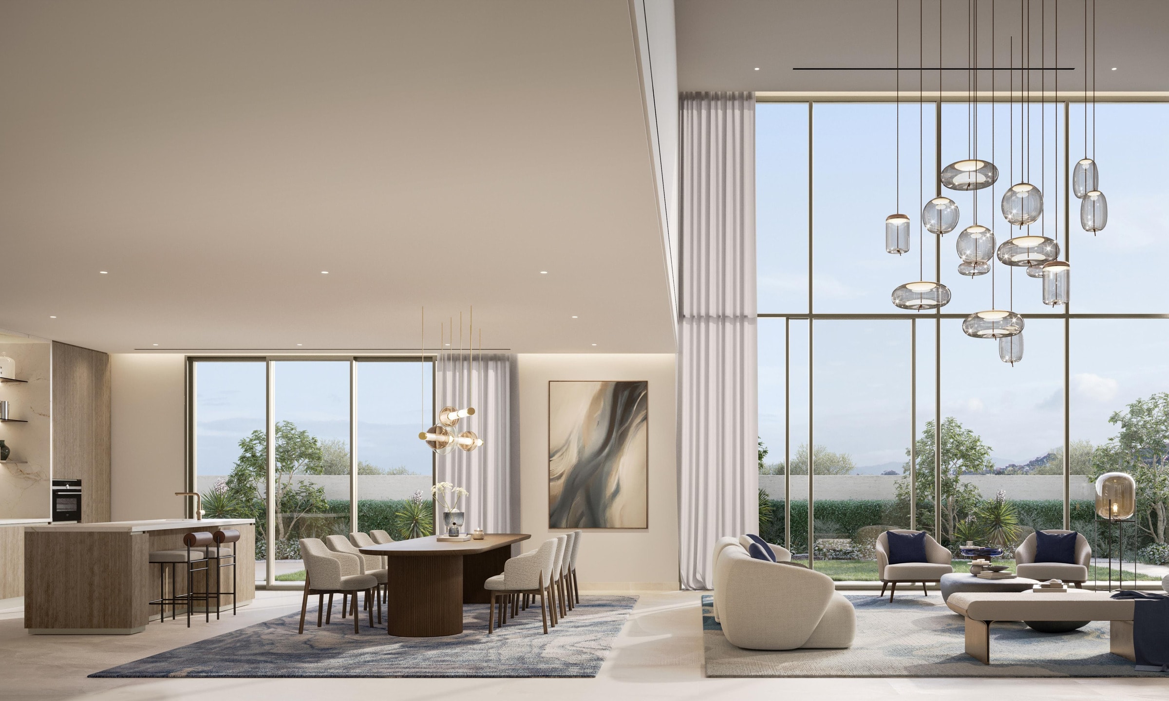 Double-height living and dining room of a Talay villa with pendant lights and full-height glazing to the garden