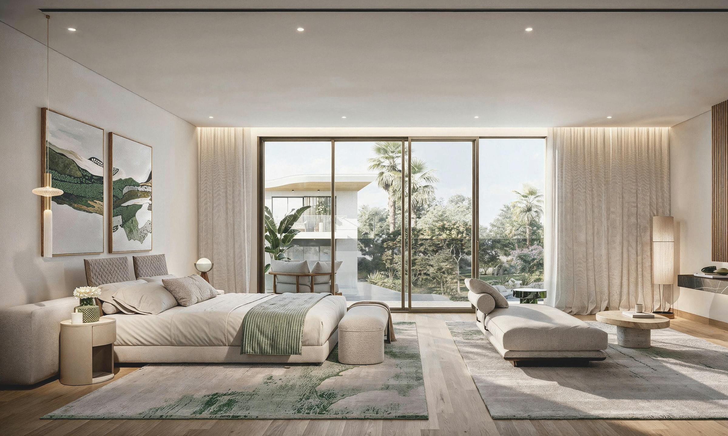 Master bedroom of a Talay villa with a seating area and glass wall to the garden