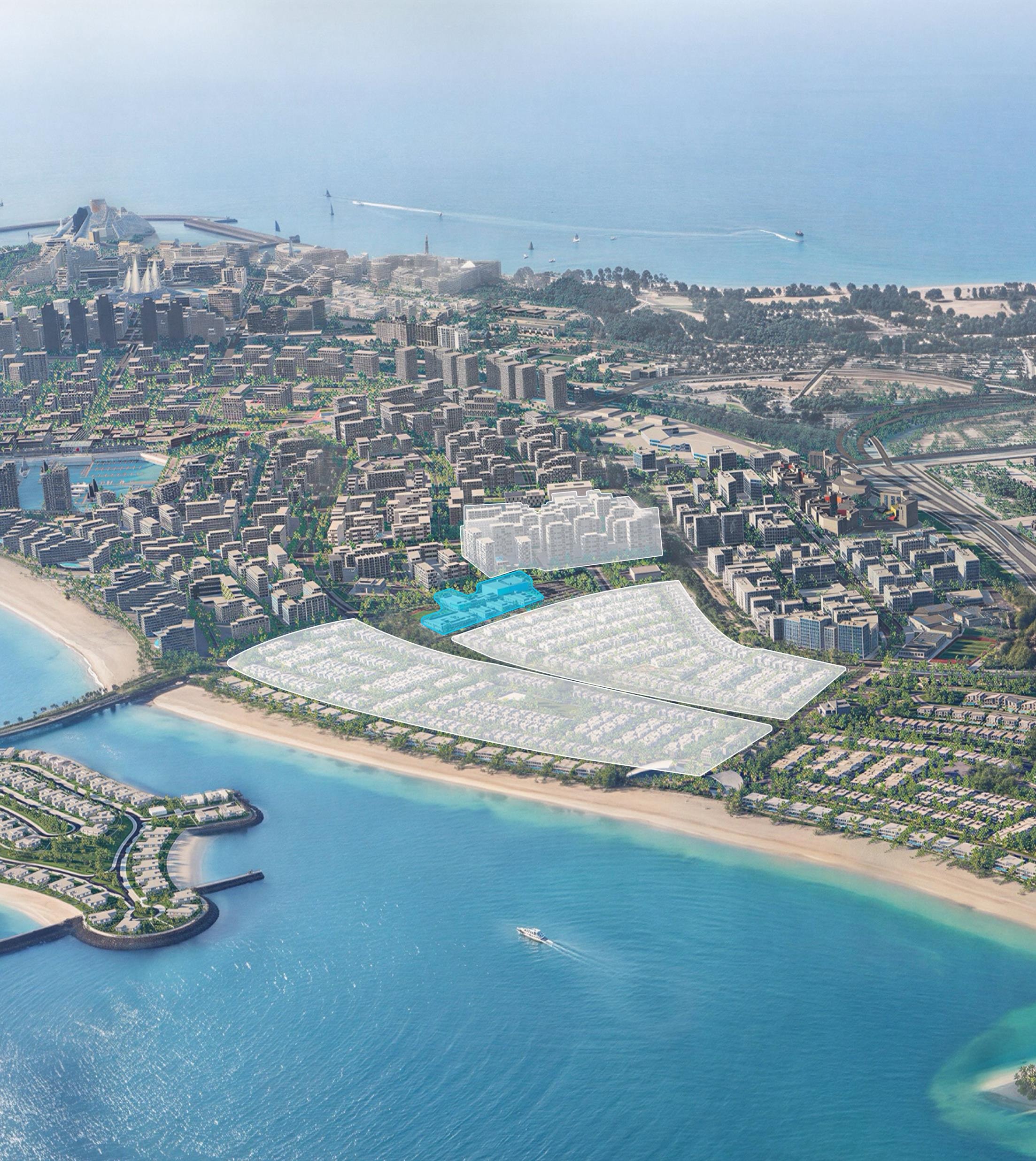 Aerial of Marsa Al Saadiyat with the Talay Beach plot marked on the beachfront and Talay behind it, beside the planned school