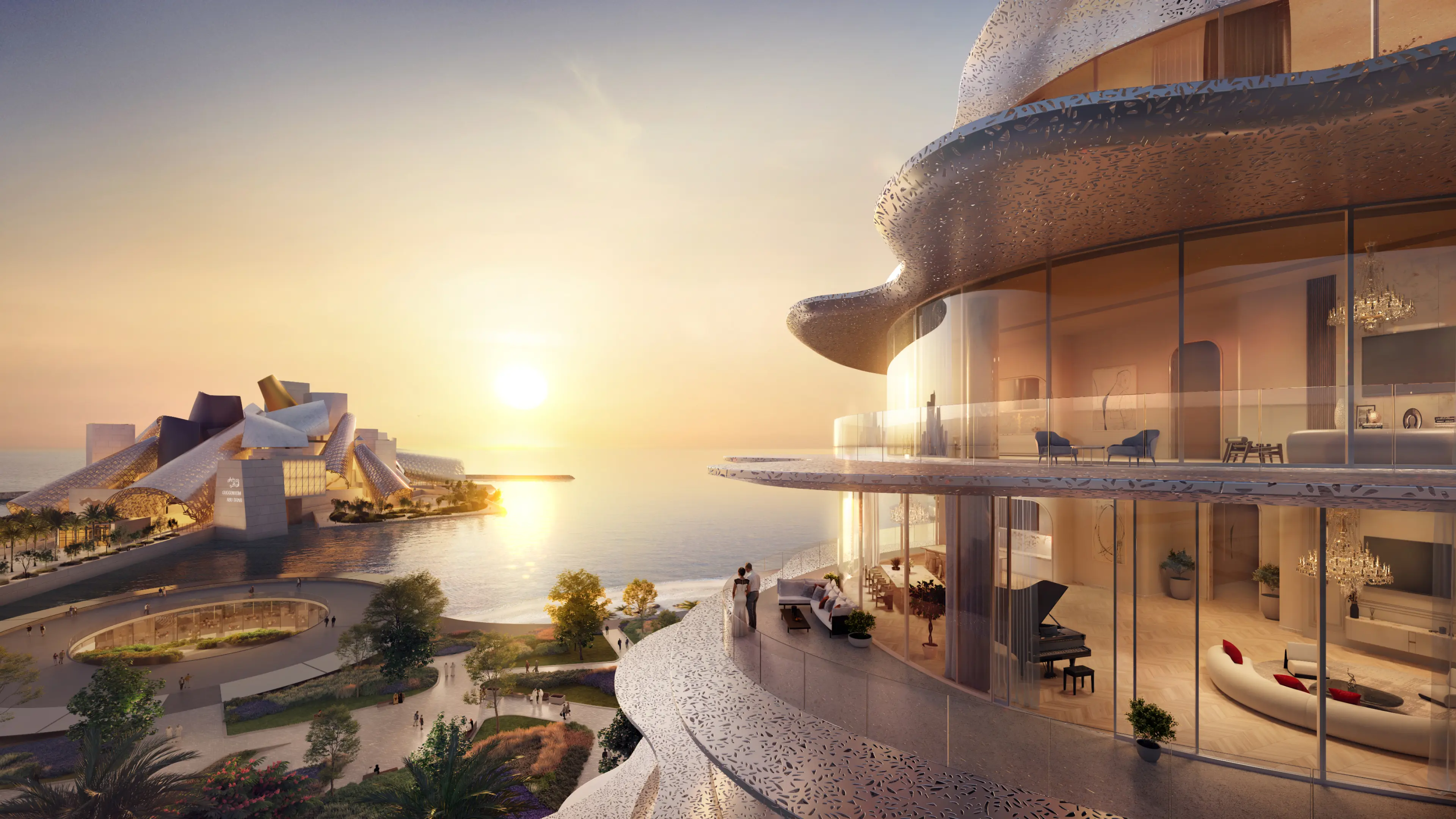 Render of a living space and terrace at Baccarat Residences Saadiyat at sunset, overlooking Saadiyat Cultural District