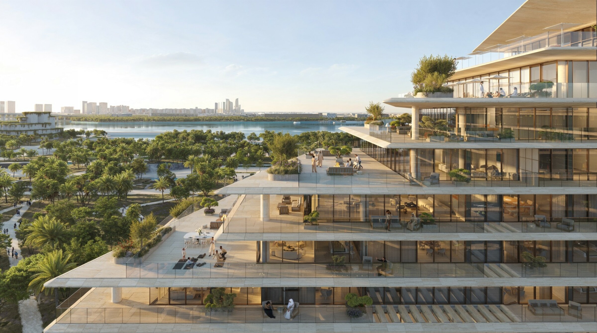 Render of a rooftop terrace at Faya Al Saadiyat overlooking the lagoon and the Abu Dhabi skyline