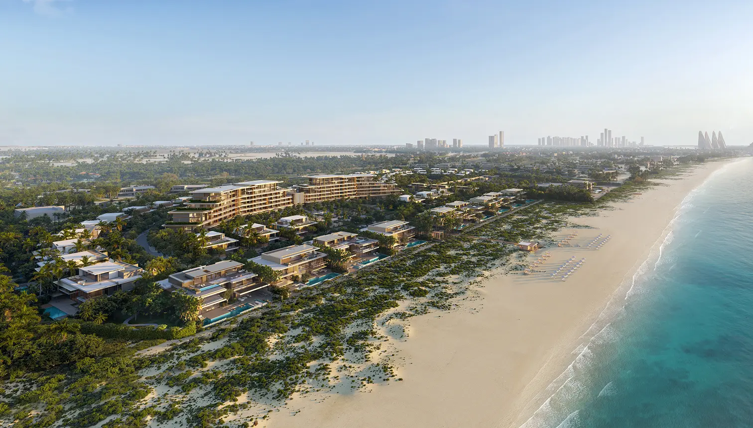 Aerial render of Four Seasons Private Residences Saadiyat along Saadiyat Beach