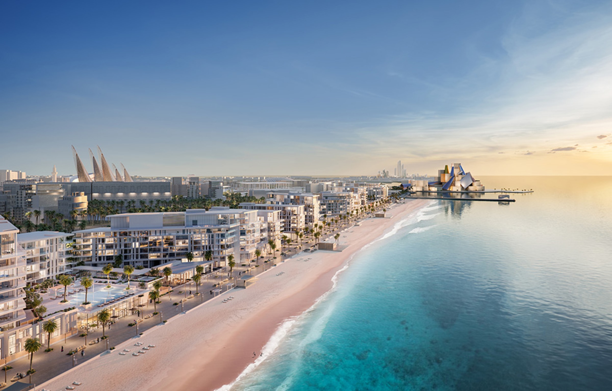 Aerial render of the Mamsha Al Saadiyat promenade and beach, with Saadiyat’s cultural landmarks beyond