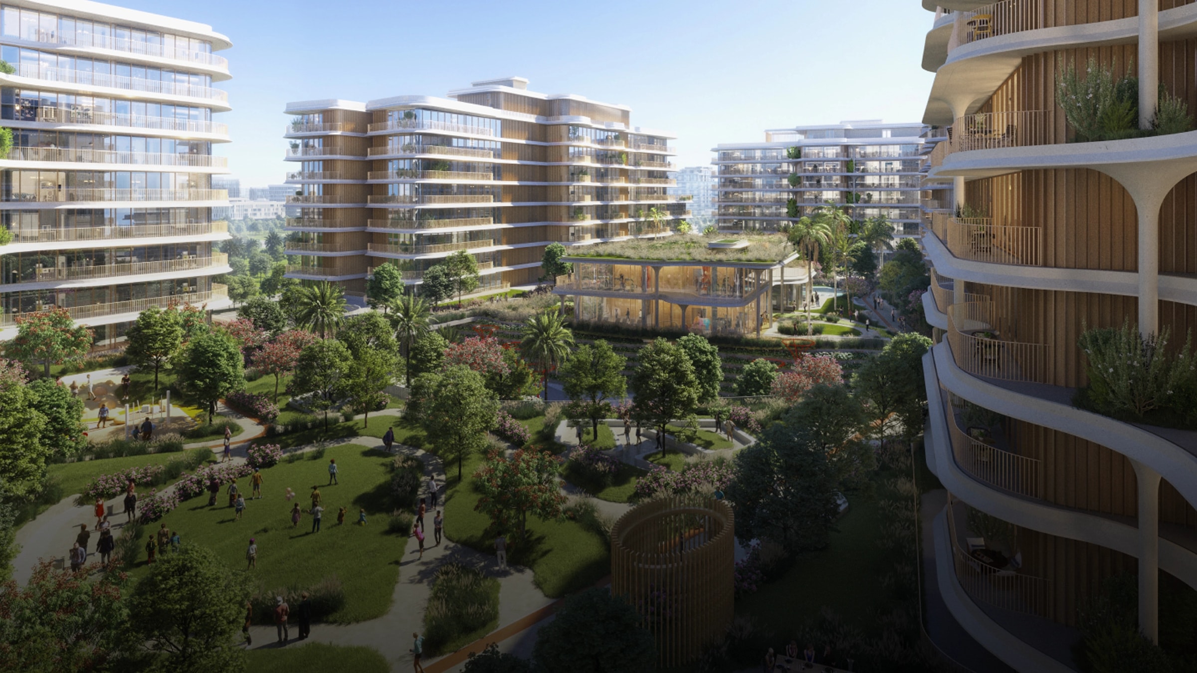 Render of the Mamsha Gardens residential buildings around the landscaped gardens