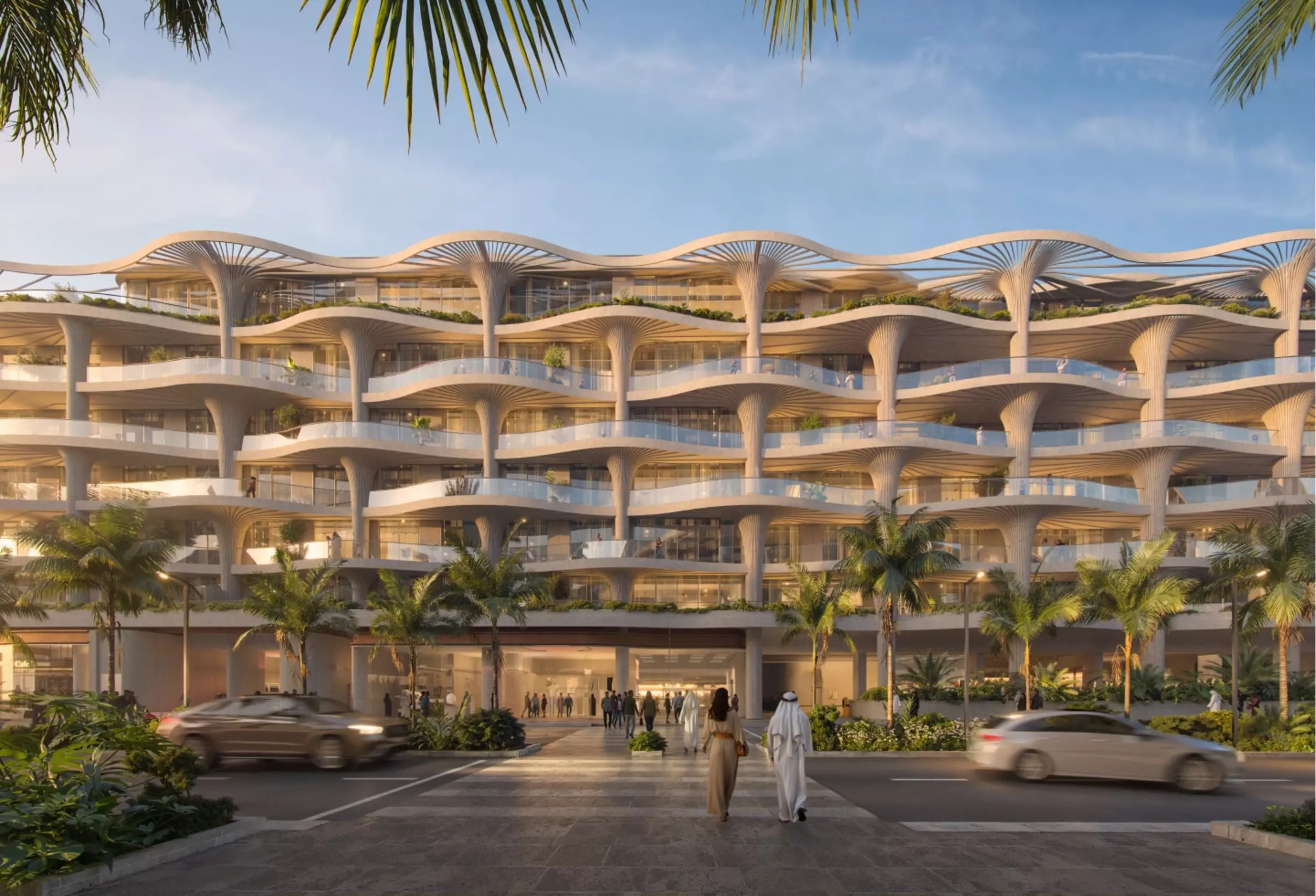 Render of the wave-like, Koichi Takada–designed façade of Mamsha Palm with landscaped terraces