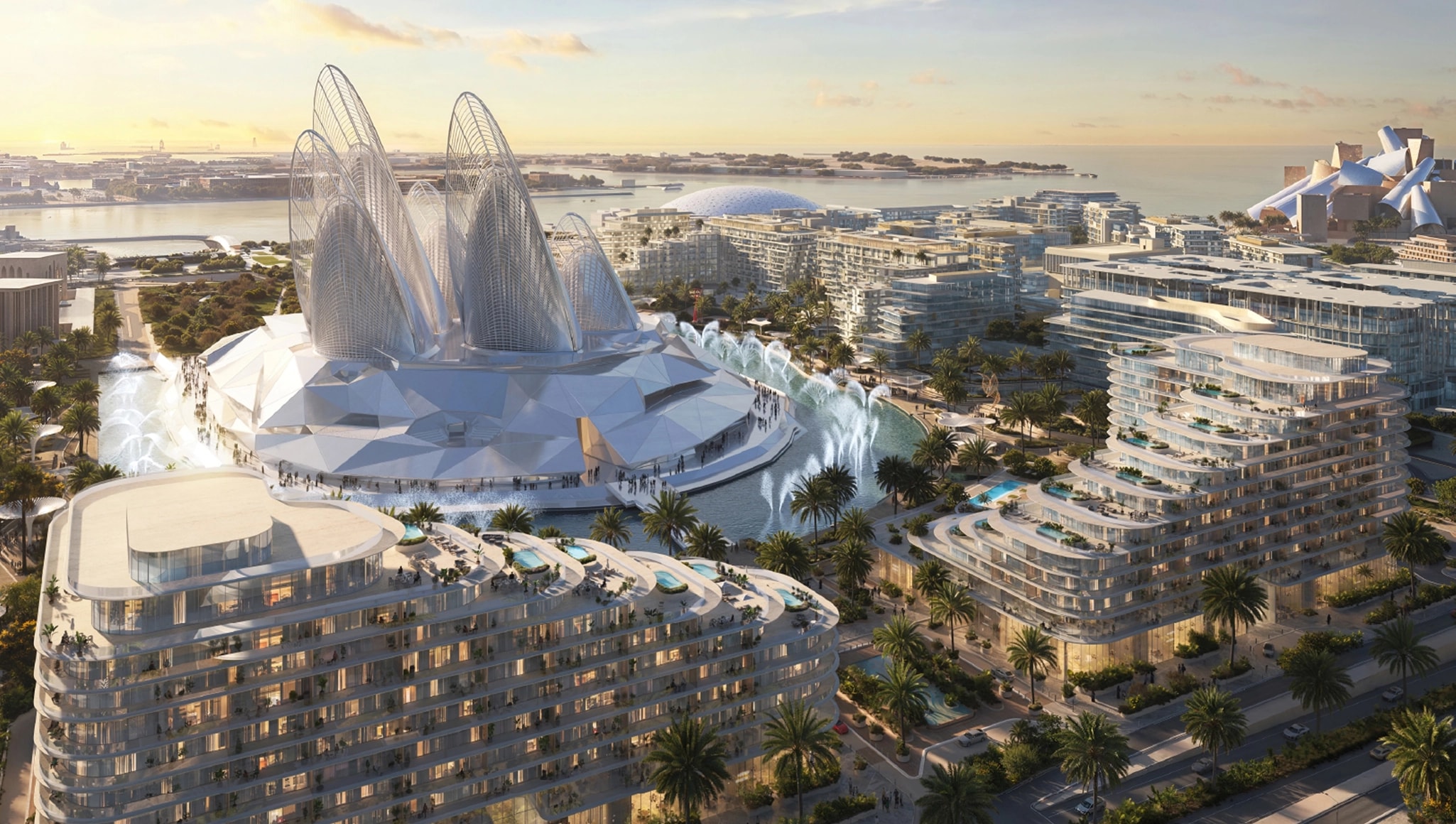Aerial render of Mandarin Oriental Residences Saadiyat and the surrounding Cultural District