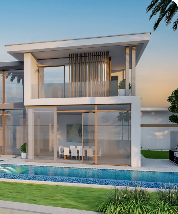 Render of a Murjan Al Saadiyat villa with a private pool at dusk