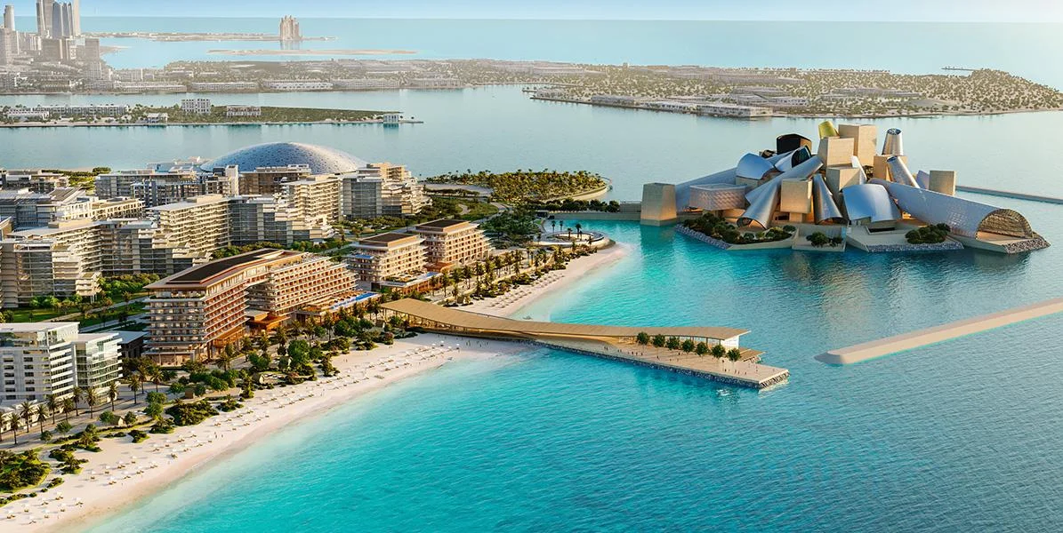 Render of the Saadiyat waterfront with Nobu Residences Abu Dhabi and Guggenheim Abu Dhabi