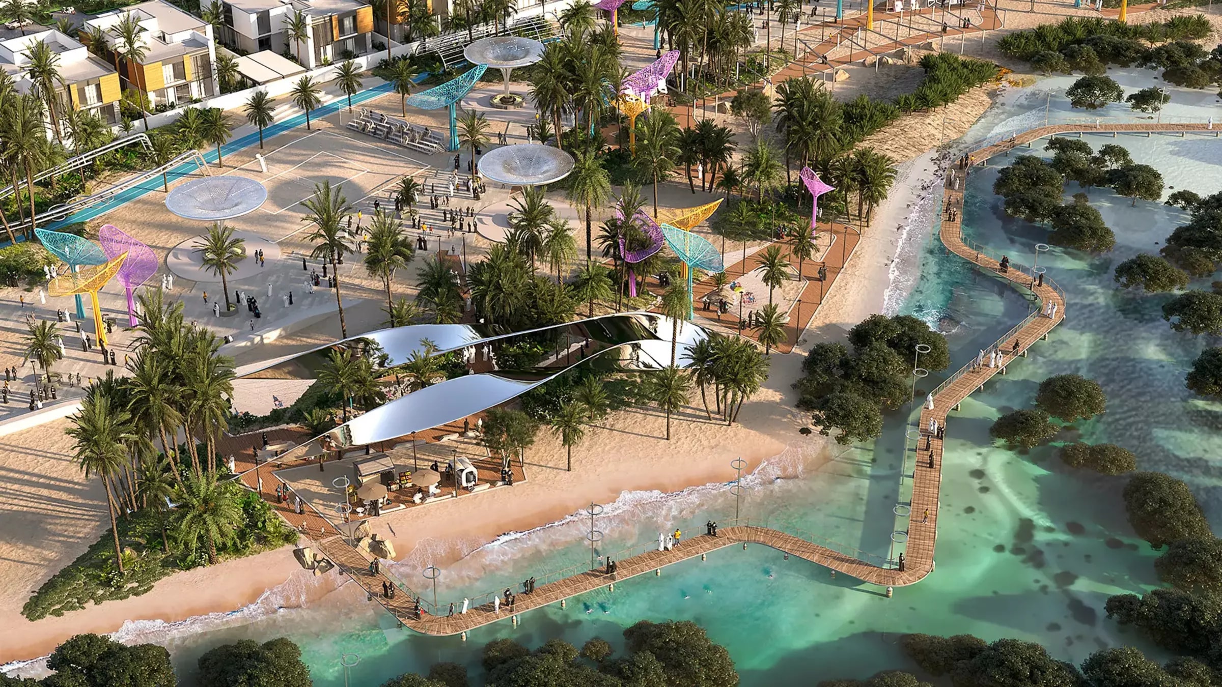 Render of the Al Ghaf villas at Saadiyat Lagoons set within a nature-led landscape