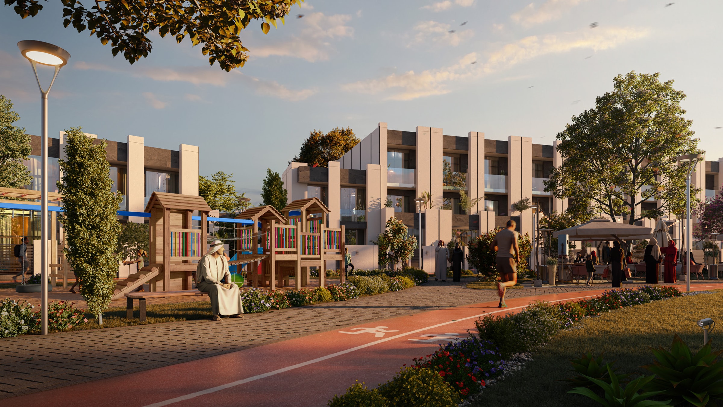 Render of SENSI’s townhouses and jogging track, with playground and landscaped paths