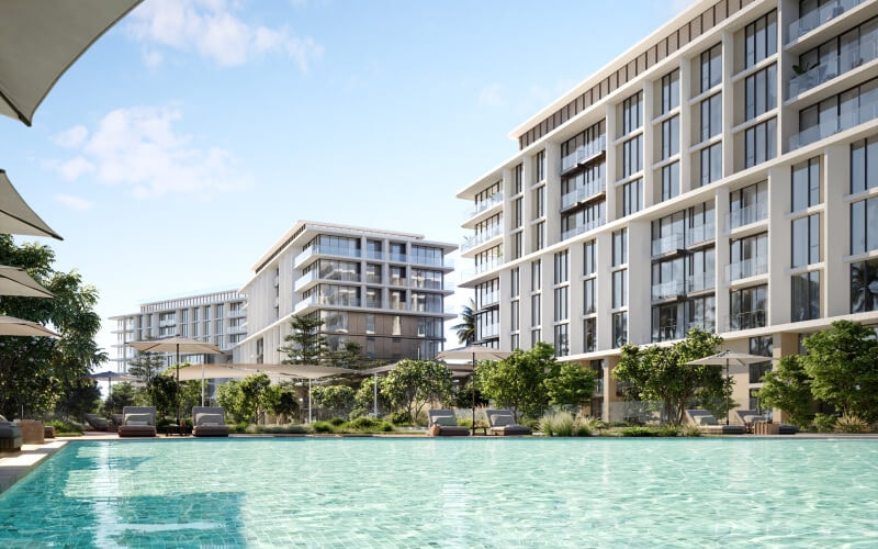 Render of Solea by Taraf showing its four interconnected building volumes with the pool in the foreground