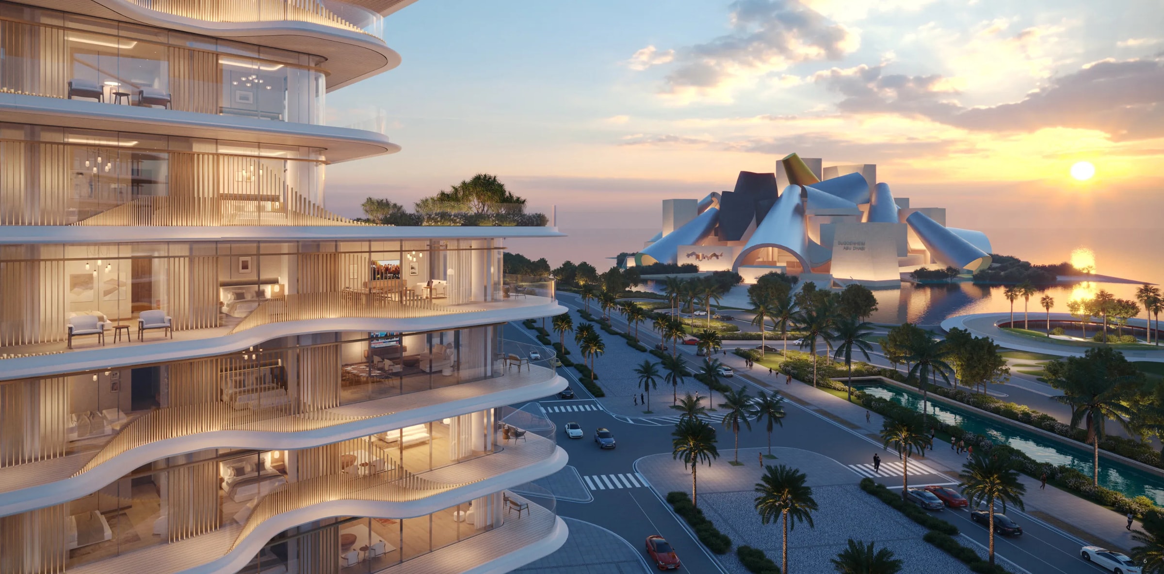 Render of the balconies at The Arthouse looking towards Zayed National Museum at sunset