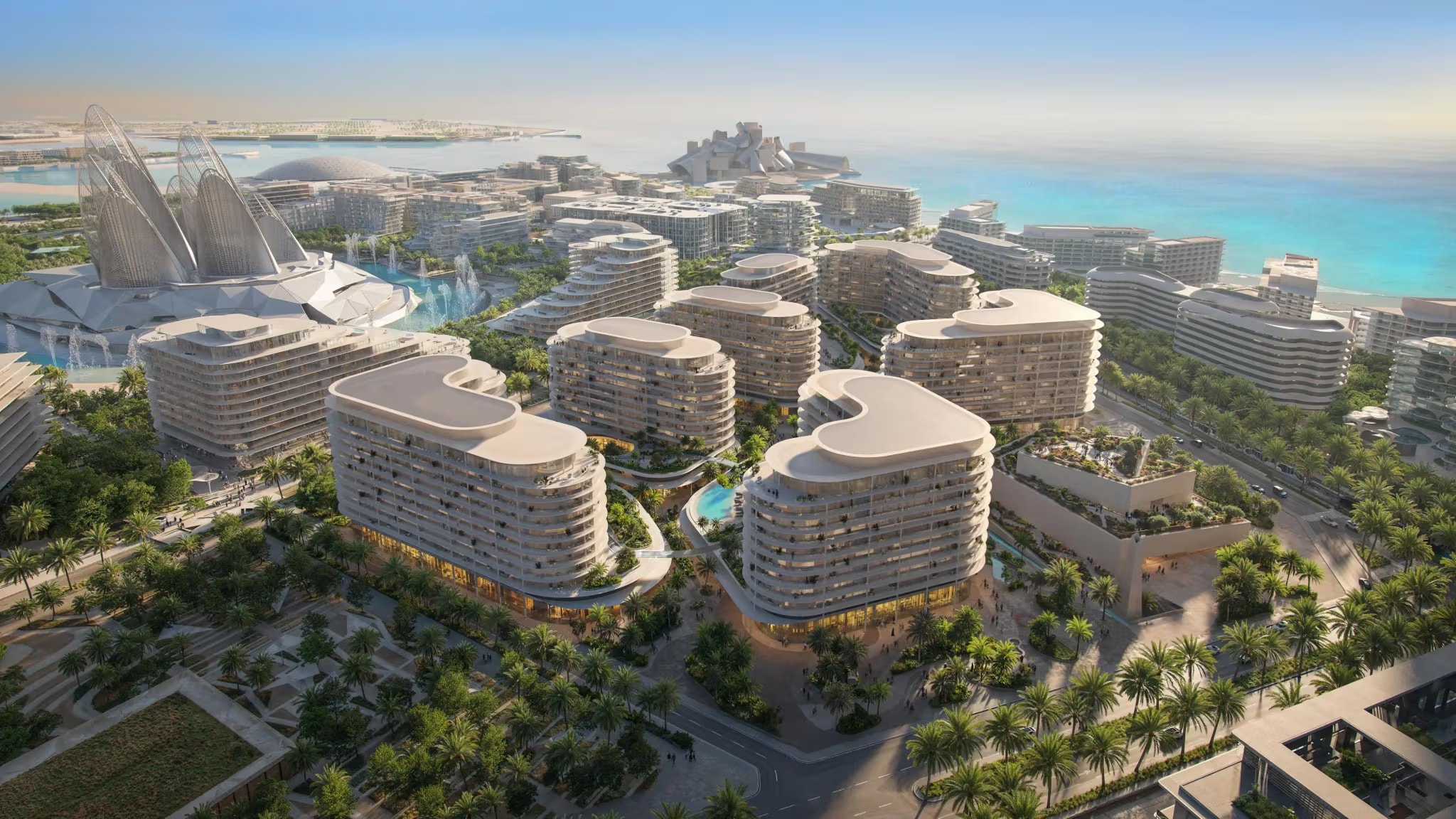 Aerial render of The Row Saadiyat, mid-rise residential buildings in Saadiyat Cultural District