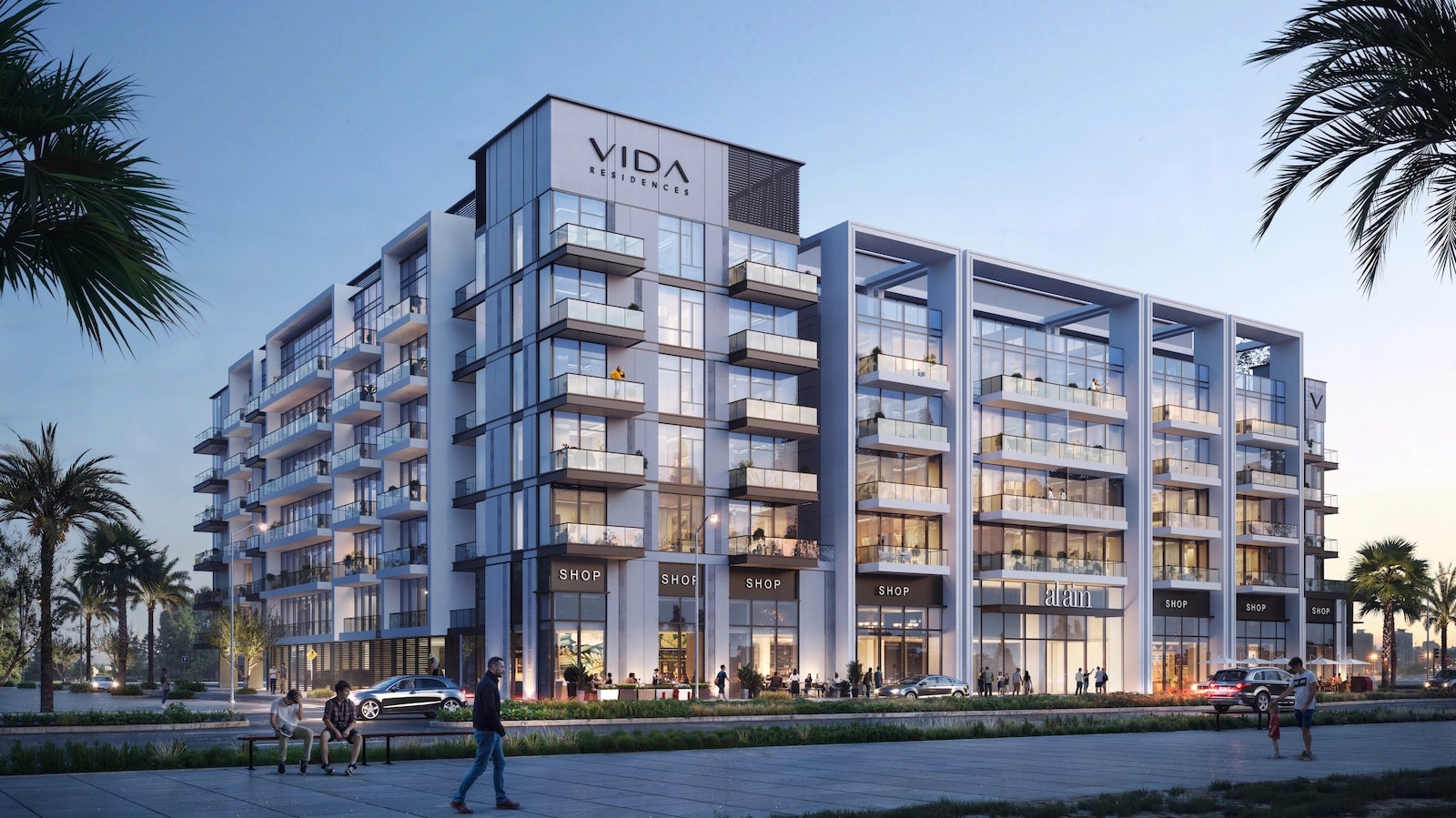 Render of Vida Residences Saadiyat Island at dusk, showing its balconies and ground-floor retail units